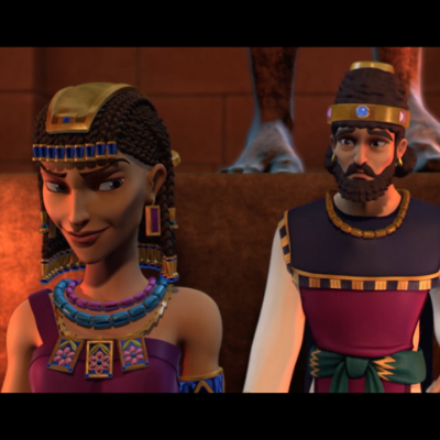 Ahab and Jezebel in a scene from Elijah and the Prophets. Superbook.